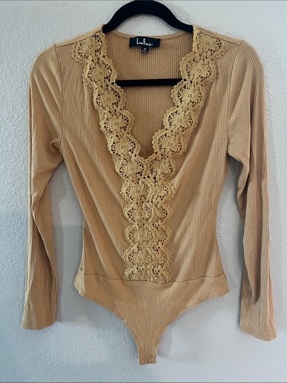 Lulus Mustard Ribbed Lace-Trim Long Sleeve Bodysuit